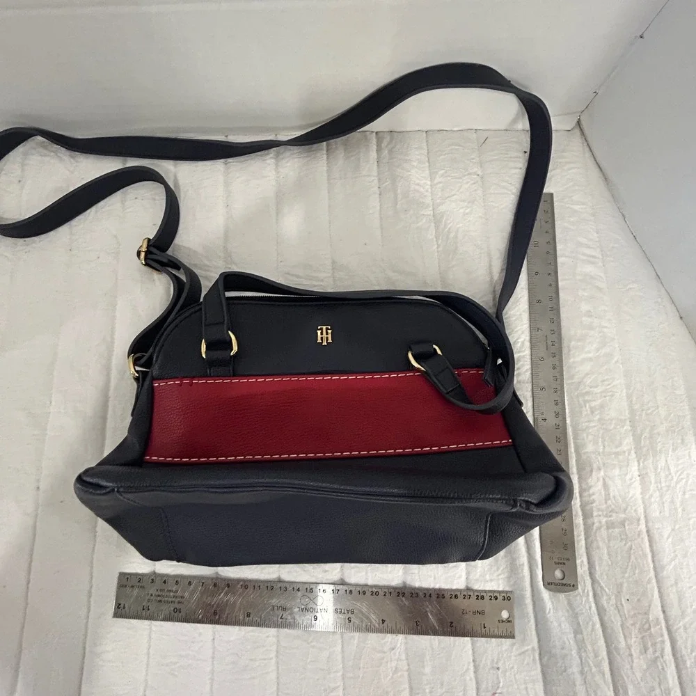 Tommy Hilfiger Navy Blue Red Colorblock Faux Leather Satchel Crossbody Bag